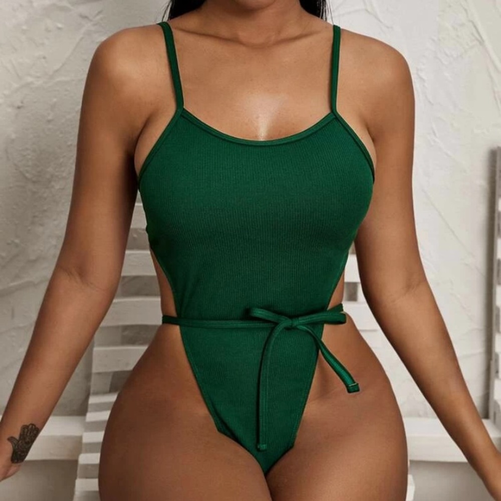 Green High Cut Bow Tie One Piece Swimsuit